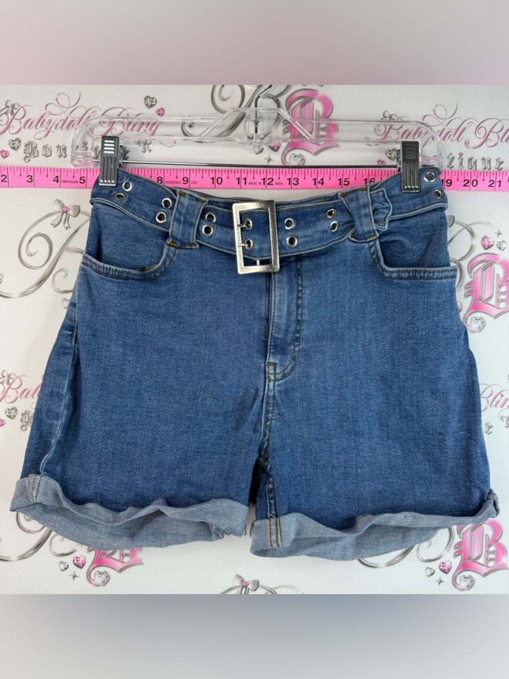 Pamela x Naked/ Reborn Blue Denim Women's Shorts with Grommet Belt Gold Trim